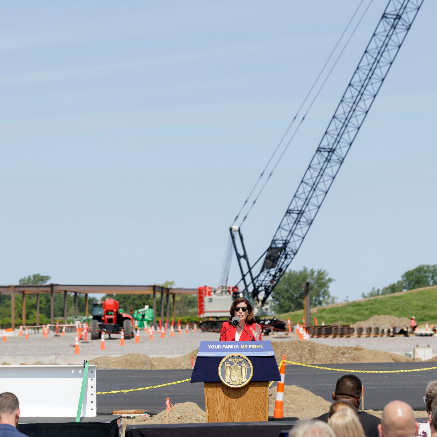 New York Gov. Kathy Hochul joins Chautauqua County officials to sign a structural beam for the new Northern Chautauqua Hospital in Fredonia