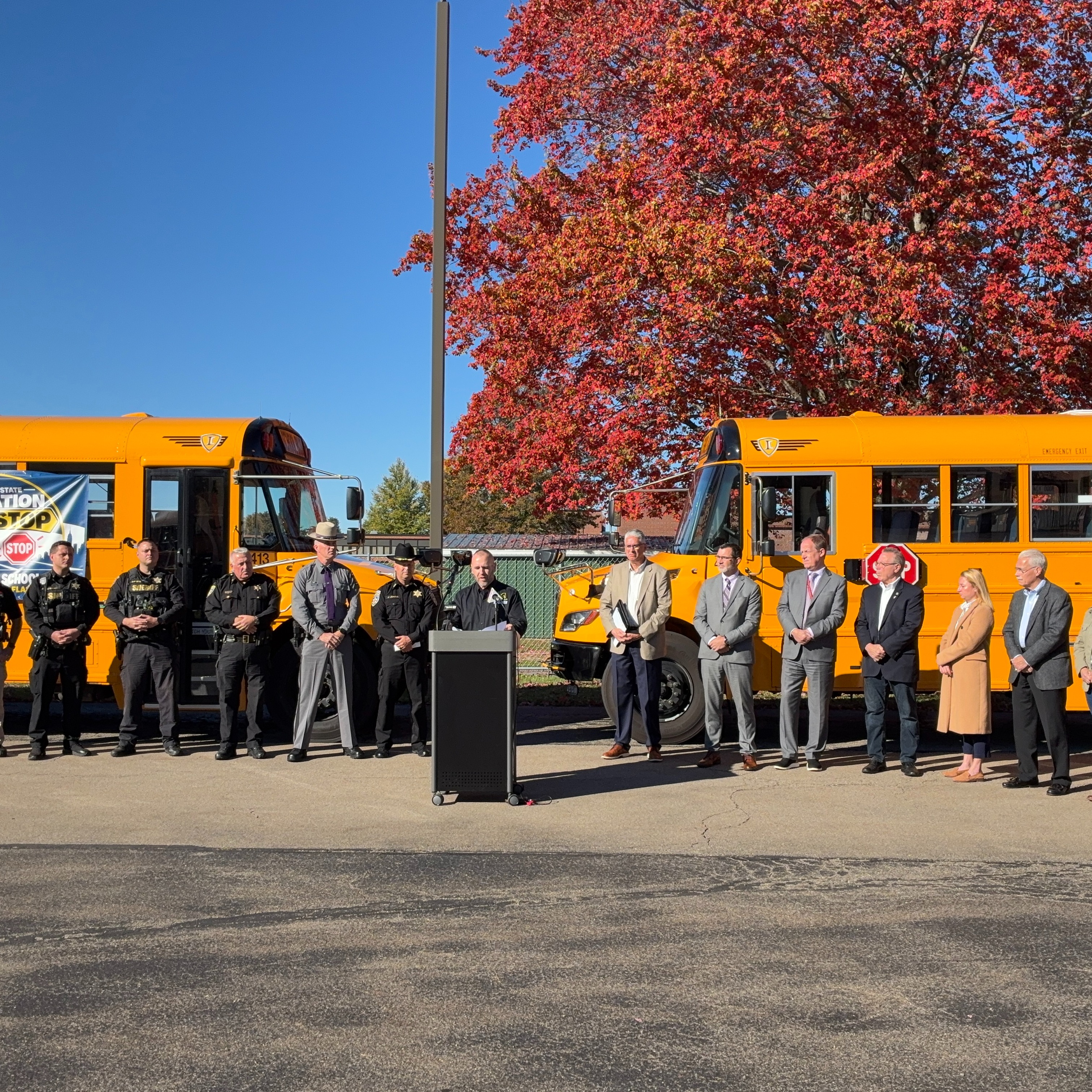 Operation Safe Stop press conference at Springville-Griffith Institute's bus garage
