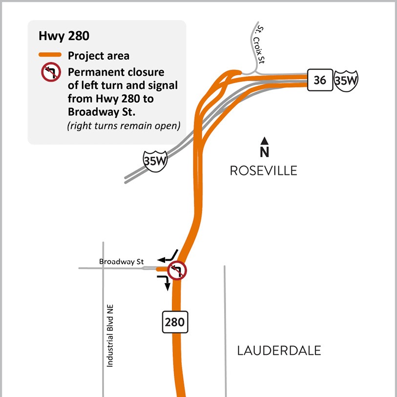 MnDOT sharing details about a planned permanent left-turn closure on Highway 280