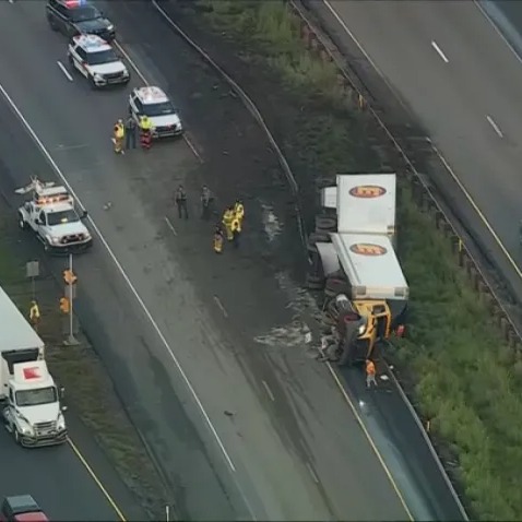 Traffic crawling along I-476 northbound in Delco due to overturned tractor-trailer