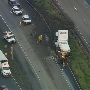 Traffic crawling along I-476 northbound in Delco due to overturned tractor-trailer