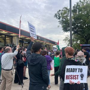 Pro-Palestinian protesters rally outside the Linc ahead of Ed Sheeran's concert